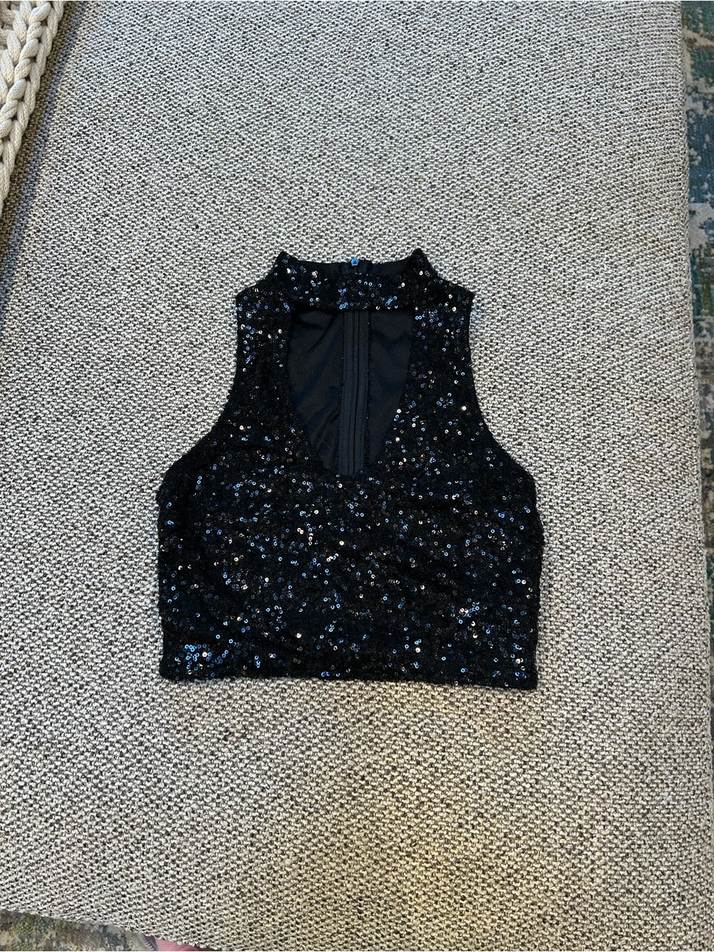 Bear Dance Black Sequin Mock-Neck Crop Top